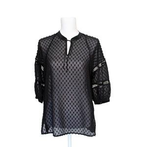 OHNE TITEL Semi-Sheer Three-Quarter Sleeve Swiss Dot Black Top